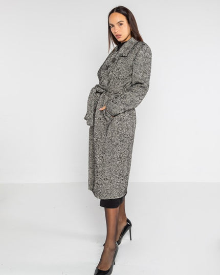 Cappotto lungo con cintura tessuto spigato - LOK82081/128