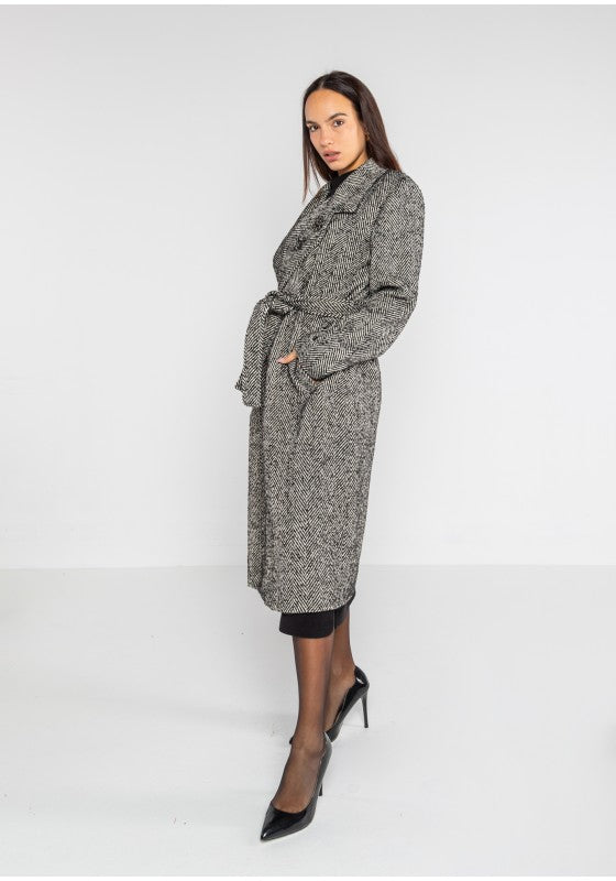 Cappotto lungo con cintura tessuto spigato - LOK82081/128