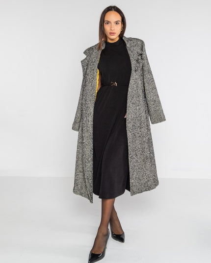 Cappotto lungo con cintura tessuto spigato - LOK82081/128