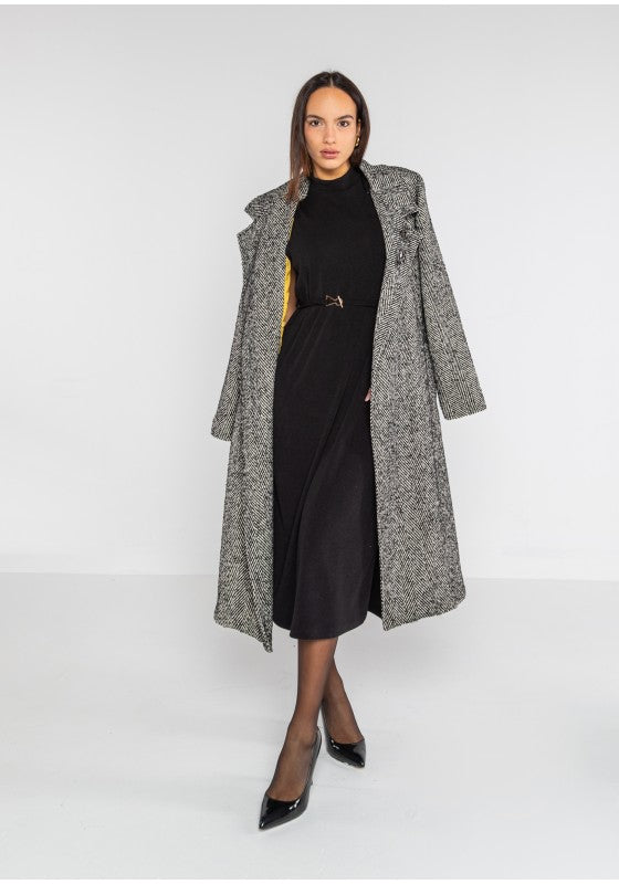 Cappotto lungo con cintura tessuto spigato - LOK82081/128